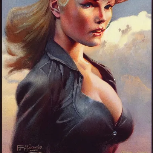 Image similar to ultra realistic portrait painting of a blonde girl as an outlaw, art by frank frazetta, vintage levi ’ s ad, stormy weather, dark vibes, 4 k, ultra realistic, highly detailed, epic lighting