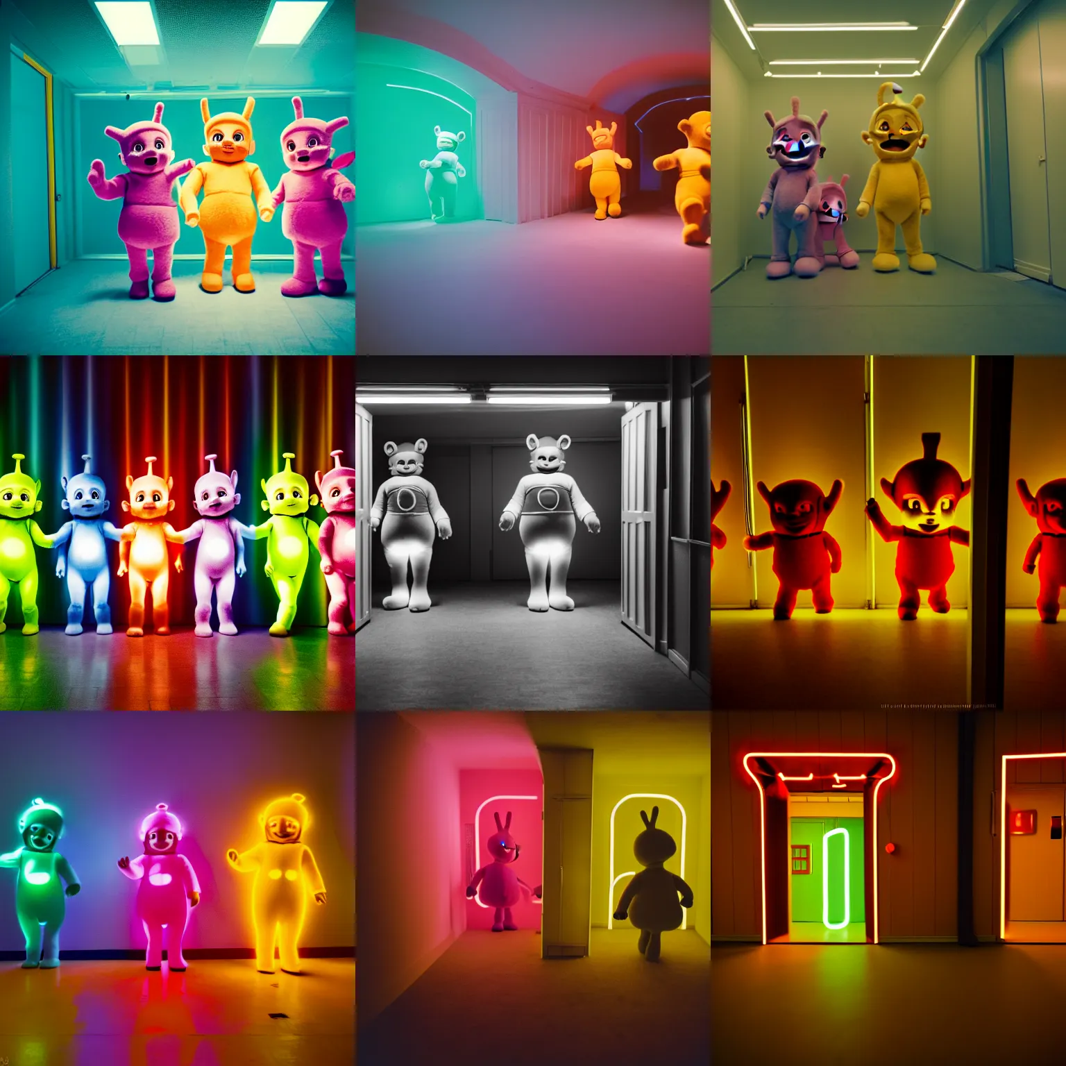 Prompt: teletubbies in the backrooms, high key, disturbing, 8 k, claustrophobic, bokeh, graflex, neon lights