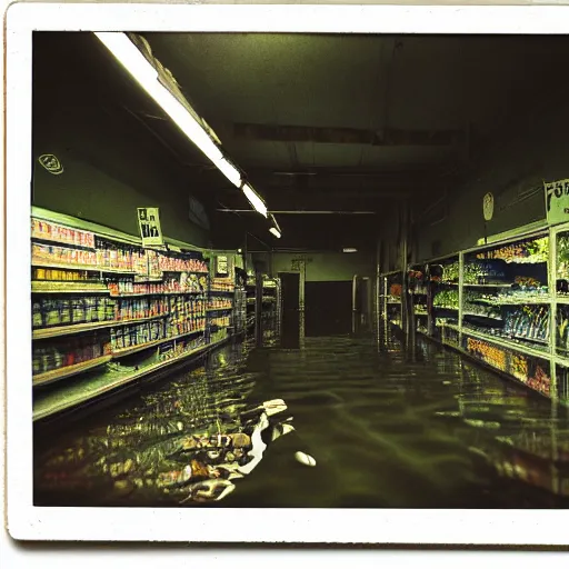 Prompt: flooded abandoned overgrown supermarket, highly detailed, ominous, dusk, overcast, photorealistic, polaroid