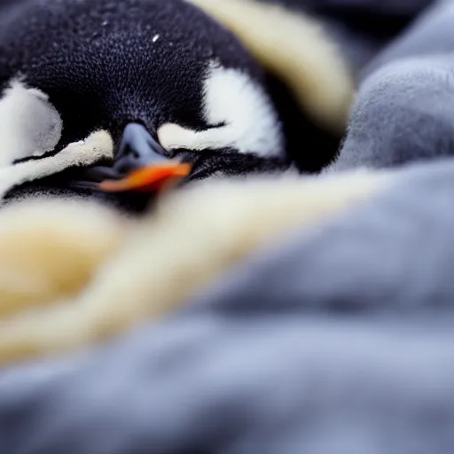 Image similar to baby penguin cuddling in a blanket, trending on artstation, national geographic, 4 k