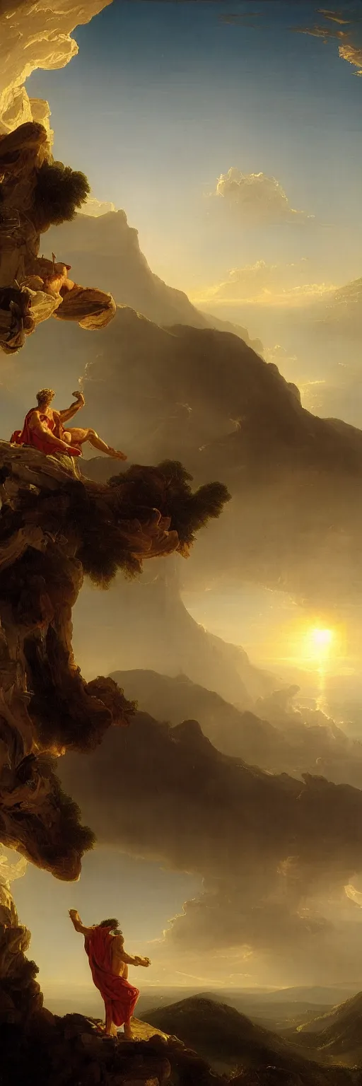 Prompt: a sublime and awe-inspiring Thomas Cole style matte painting of Zeus contemplating humanity's predicament atop an enormous Greco-Roman column while the sun sets upon Mount Olympus in the distance