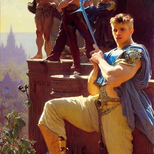 Image similar to manly arthur pendragon and manly merlin. focus on their faces. natural lighting. highly detailed painting by gaston bussiere, j. c. leyendecker, alphonse mucha, greg rutkowski, 8 k