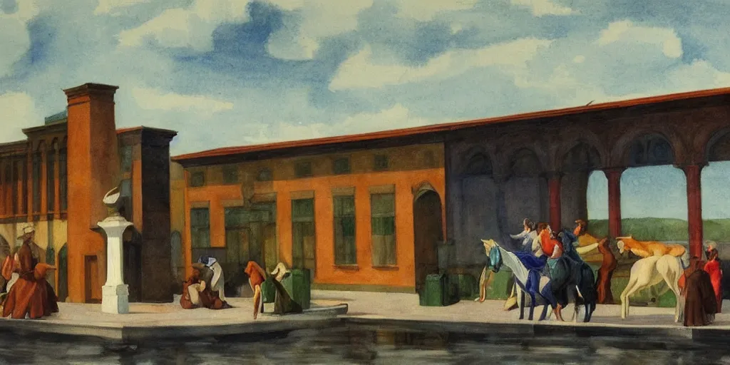 Image similar to a beautiful expressive water colour of a aetherpunk horse by edward hopper in the style of renaissance art, trending on art station