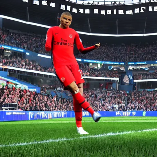 Image similar to kylian mbappe playing ea sports fifa at home