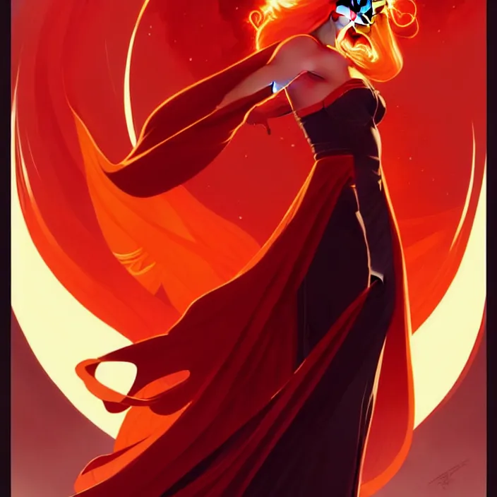 Prompt: style artgerm, joshua middleton, gerald brom, beautiful kristen bell with dark red dress, very long orange hair, symmetrical face, symmetrical eyes, fire powers fire swirling, detailed, volcano setting, cinematic lighting