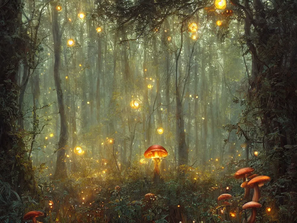 Image similar to Painting of a fantasy forest with mushrooms and fireflies, intricate, wild, highly detailed, digital painting, artstation, concept art, smooth, sharp focus, illustration, art by artgerm and greg rutkowski and alphonse mucha