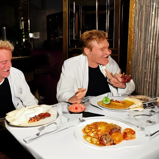 Image similar to Freddie Starr eating a loafer at a table in Claridges fine dining restaurant. Gordon Ramsey watches with a look of childish glee