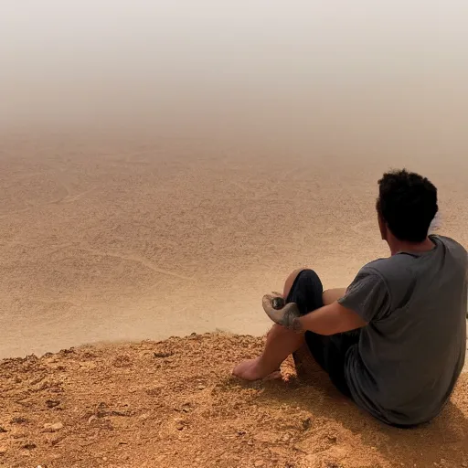 Image similar to man sitting on top peak mountain looking at huge vast sandstorm dust tornado desert