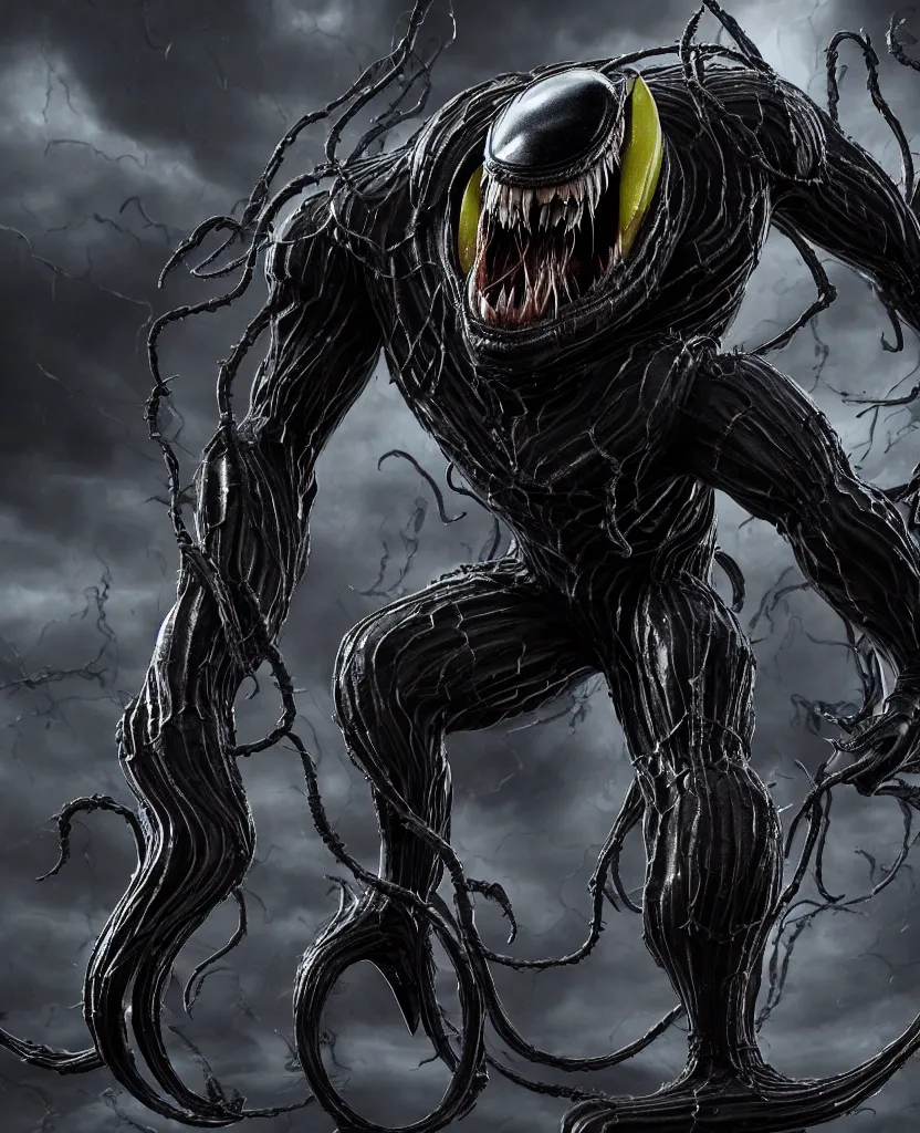 Prompt: A Minion from Despicable Me cast as Venom, still from marvel movie, hyperrealistic, 8k, Octane Render, dark colors, sinister atmosphere, dramatic lighting, cinematic, establishing shot, extremely high detail, photo realistic, cinematic lighting, pen and ink, intricate line drawings, by Yoshitaka Amano, Ruan Jia, Kentaro Miura, Artgerm, post processed, concept art, artstation, matte painting, style by eddie mendoza, raphael lacoste, alex ross