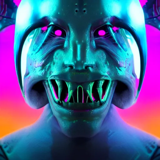 Image similar to synthwave demonic alien face with neon horns, detailed face, sharp focus, synthwave art, aesthetic, octane render, raw, cinematic