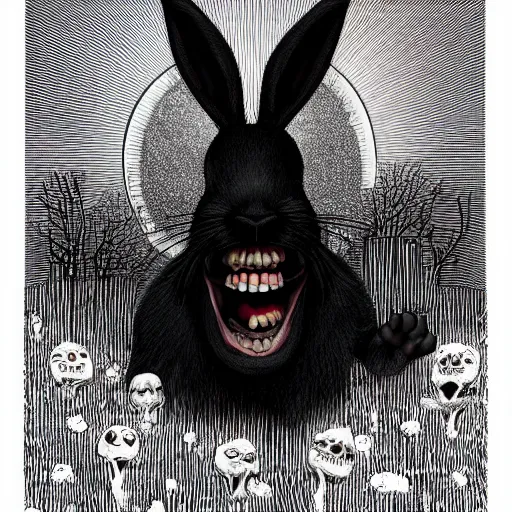 Image similar to A extremely highly detailed majestic hi-res beautiful, highly detailed head and shoulders portrait of a scary terrifying, horrifying, creepy black cartoon rabbit with scary big eyes, earing a shirt laughing, hey buddy, let's be friends, in the style of Walt Disney