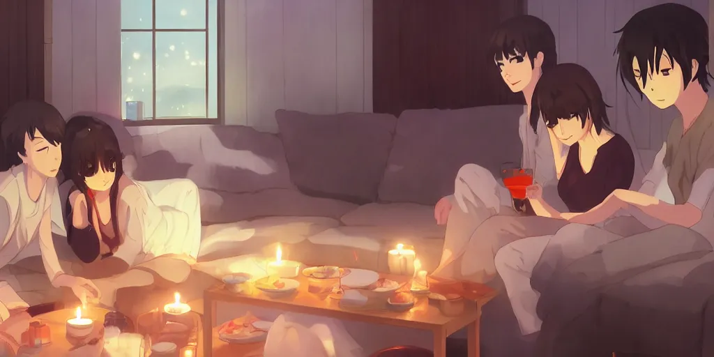 Image similar to a cozy party at midnight, modern indoors, bay area, candles, hot tub, friendship, art by makoto shinkai