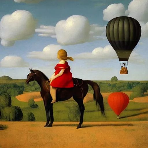 Image similar to a girl and her horse enjoy a hot-air balloon show by Raphael, Hopper, and Rene Magritte. detailed, romantic, enchanting, trending on artstation.