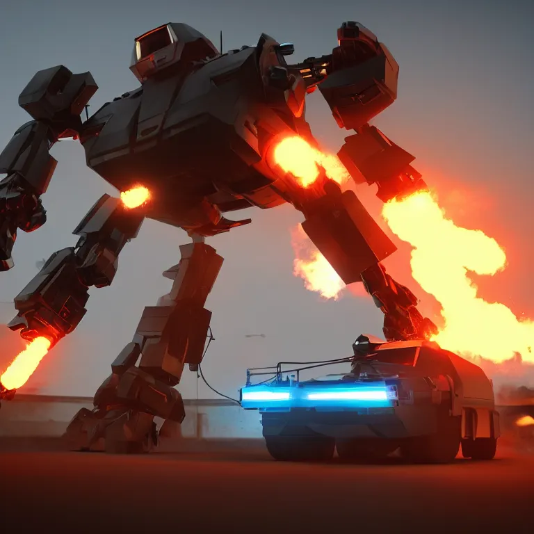 Image similar to Giant police mech fires rockets at fleeing car, color, cinematic lighting, highly detailed, octane render