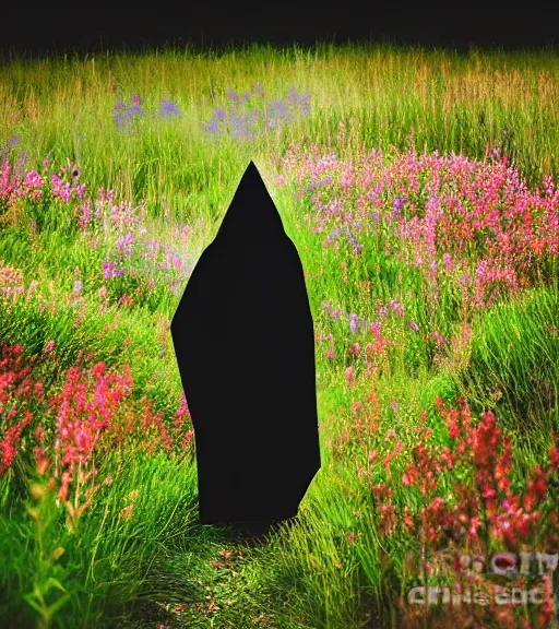 Image similar to tall hooded shadow person figure standing in beautiful meadow of flowers, technicolor photo, grainy, high detail, high resolution