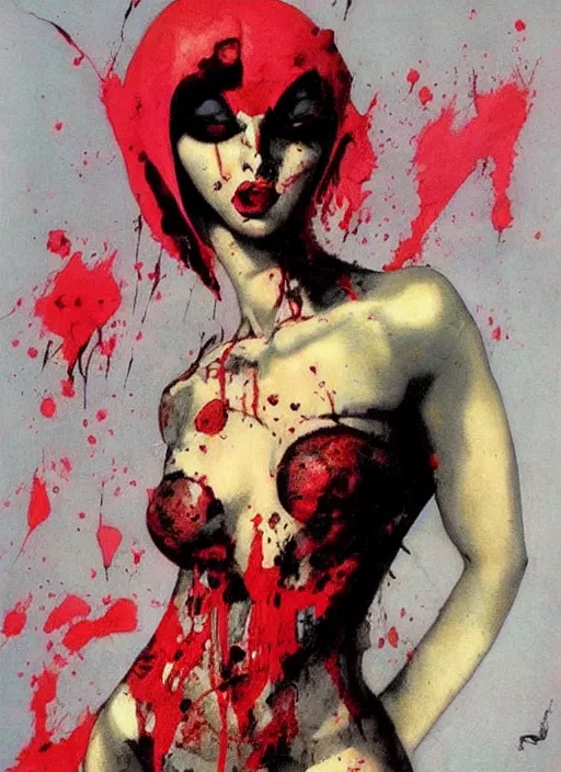 Image similar to portrait of bald iranian vampiress, strong line, saturated color, beautiful! coherent! by frank frazetta, high contrast, blood splatter background