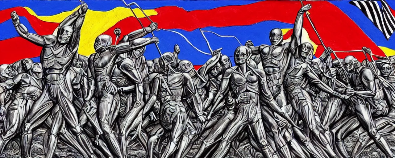 Image similar to androids raising the flag on iwo jima in the style of alex grey and hr giger