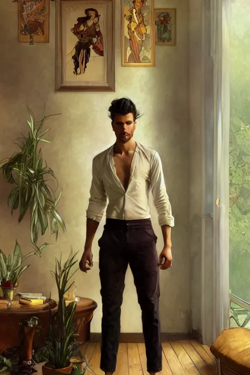 Image similar to full body portrait of a single beautiful young fit man, modern haircut, open shirt, large pants, bare feet, by greg rutkowski and alphonse mucha, d & d character, in front of a modern room background, highly detailed portrait, digital painting, artstation, concept art, smooth, sharp focus ilustration, artstation hq