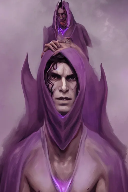 Prompt: young male djinn man demon hybrid, portrait, concept art, purple cloak, single face, illustration, costume design, white spiral horns, editorial photo, fashion, hyperrealism, realism, trending on artstation, Charlie Bowater, WLOP