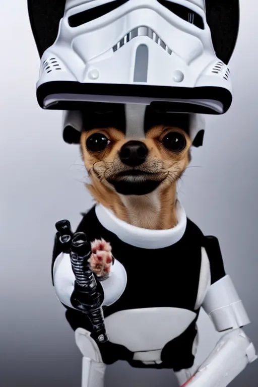 Image similar to a Chihuahua holding a lightsaber,dressing like Stormtrooper,futuristic style.unnreal engine