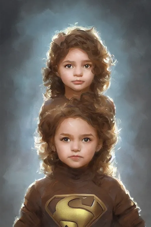 Image similar to a little girl with a michievous face and light brown curly hair. she is dressed as a superhero. clean elegant painting, beautiful detailed face. by artgerm and greg rutkowski