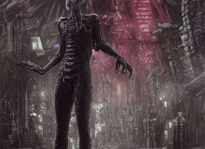 Image similar to highly detailed concept art of neuromancer characters, dystopian post - apocalyptic retrofuturistic vibe, an ultrafine detailed painting by art by hans giger and wayne barlowe, trending on deviantart, pop surrealism, whimsical, lowbrow, perfect symmetrical face, sharp focus, octane, masterpiece
