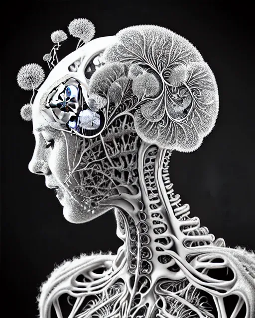 Prompt: surreal black and white photo portrait of complex biomechanical beautiful young female vegetal-cyborg with a mandelbrot fractal metal fine lace face, silver hair, 150 mm lens, soft rim light, fine metal floral foliage super big lace collar by Alexander McQueen, high fashion, haute couture, rococo, steampunk, silver filigree details, anatomical, facial muscles, cable wires, microchip, elegant, hyper realistic, octane render, unreal engine, in the style of Man Ray, by Dora Maar, volumetric lighting, 8k,