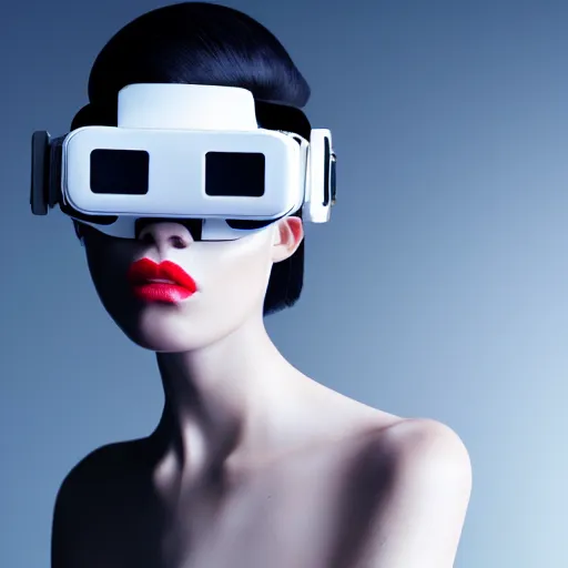 Prompt: high fashion photography of a model in neo futurism white sci - fi makup, wearing vr goggles, transparent cloth, beautifully lit