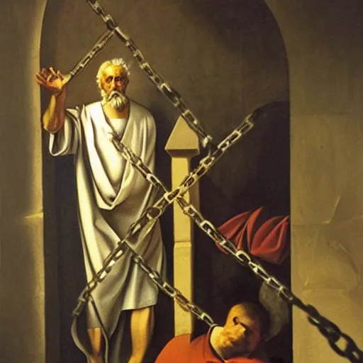 Prompt: Saint Peter in chains inside a prison cell, with spongebob, chiaroscuro, very detailed, oil painting by Caravaggio