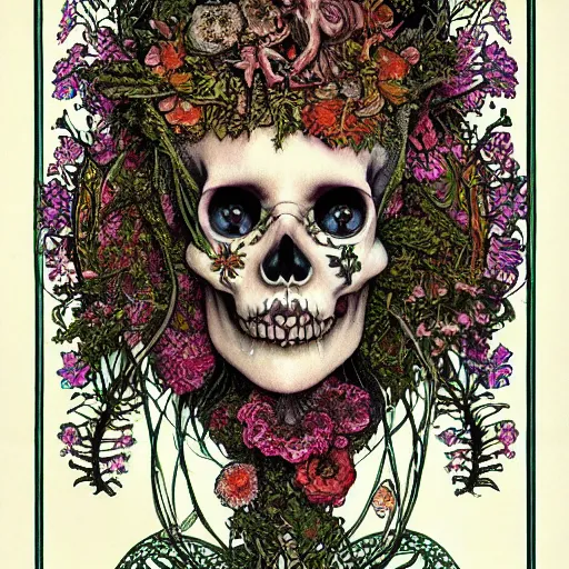 Prompt: detailed rotten woman skull corpse with fractal plants and fractal flowers and mushrooms growing around, symmetrical, ornate, ornamentation, illustration, in the style of art nouveau, mucha