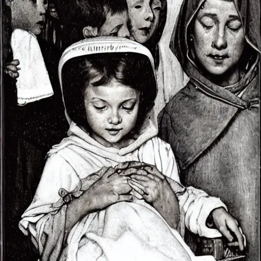 Prompt: child in church nativity play, single subject, clear face, norman rockwell