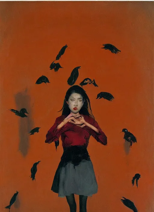 Image similar to stunning asian college girl standing on her knees, frozen cold stare, scream, startled, blood red background, transparent gray skirts, stockings, crows swarming trapped in the void as a symbol of death, in style of surrealism of Francis Bacon painting, Ilya Kuvshinov, John Singer Sargant, impasto textures of Chaim Soutine and Frank Auerbach, American Gothic, Japanese Gothic, strange cinematic light