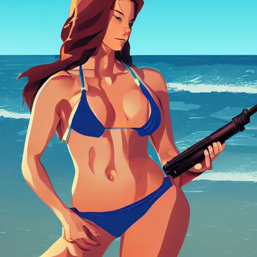 Image similar to laura stein woman holding a rocket launcher at the beach, half body shot, detailed bikini, gorgeous face, digital art, by makoto shinkai, by dan mumford, vector art
