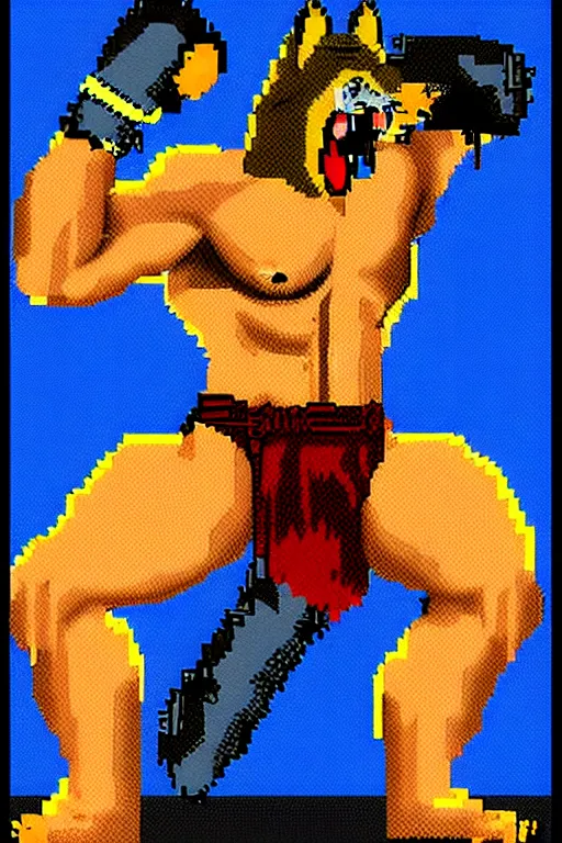 Image similar to extreme long shot. 8 bit nes graphics. antropomorphic muscular masculine wolf. kickboxer fighter, in shorts. wolf head. furr on body. art from nes game cartridge