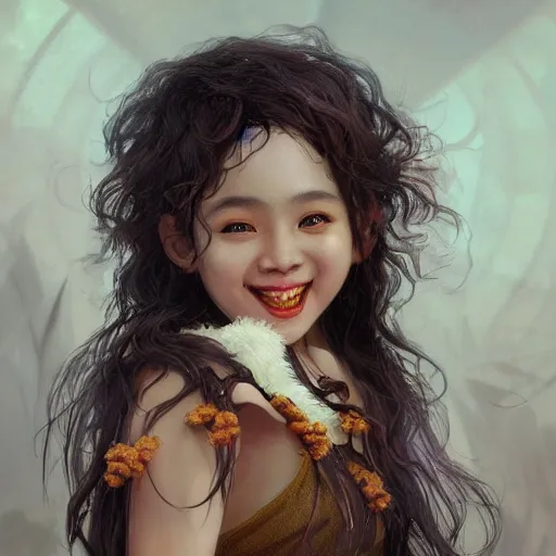 Prompt: a brown skinned asian vampire girl, child, freckles, smiling, fangs, messy curly hair, embers intricate and very beautiful and elegant, highly detailed, digital painting, artstation, concept art, smooth and sharp focus, cg by tian zi and wlop and alphonse mucha