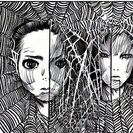 Prompt: female twins in a spider web by junji ito