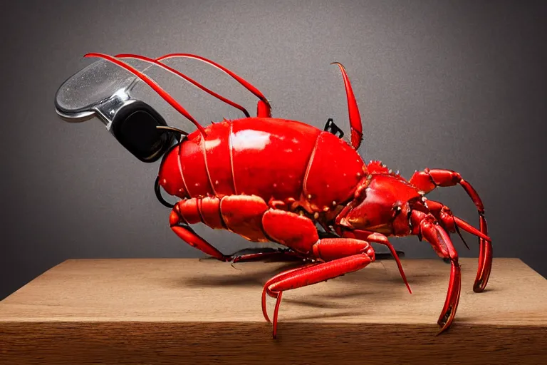 Image similar to commercial product photography advertisement for Salvador Dali’s Lobster Telephone, a black Rotary telephone with a red painted plaster lobster for a handle, Rear lighting, commercial studio lighting