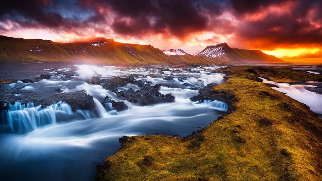 Prompt: amazing landscape photo of iceland in sunset by marc adamus, beautiful dramatic lighting