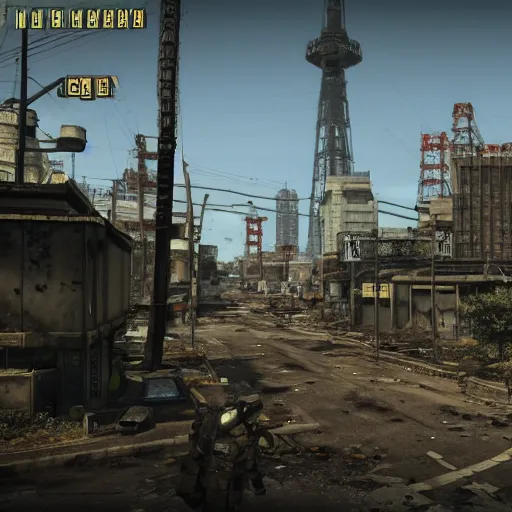 Image similar to Osaka in ruins post-nuclear war in Fallout 4, in game screenshot