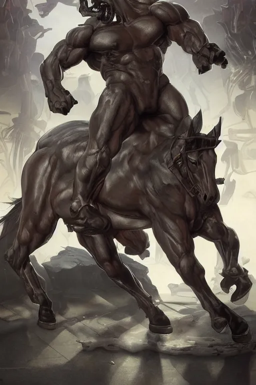 Image similar to splash art of a monstrously buff and muscular anthropomorphic horse at a research facility of experimental combat troopers, experimental tight bodysuit, leather clothes, full body, highly detailed, digital painting, trending on artstation, concept art, sharp smooth focus, illustration, art by artgerm and greg rutkowski and alphonse mucha