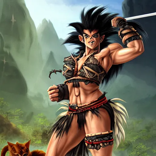 Image similar to barbarian warrior woman with chimera cat tail, cat tail, furry tail, barbarian pelt, cavewoman, black hair, electrified hair, wild spiky black saiyan hair, surrounded by electrical aura, prowling around primeval jungle, palm trees, rocks, mountains, red sky, hyperdetailed, ultra high definition, realism, 4 k, frank frazetta