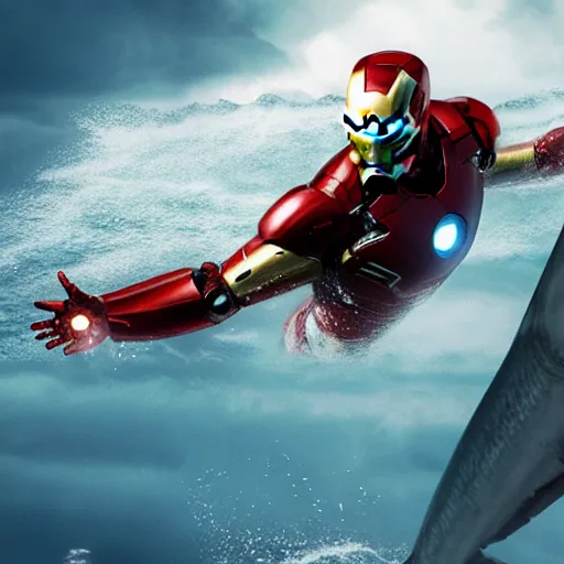 Prompt: film still of iron man in the shape of shark in the movie jaws, photography, trailer, 4 k