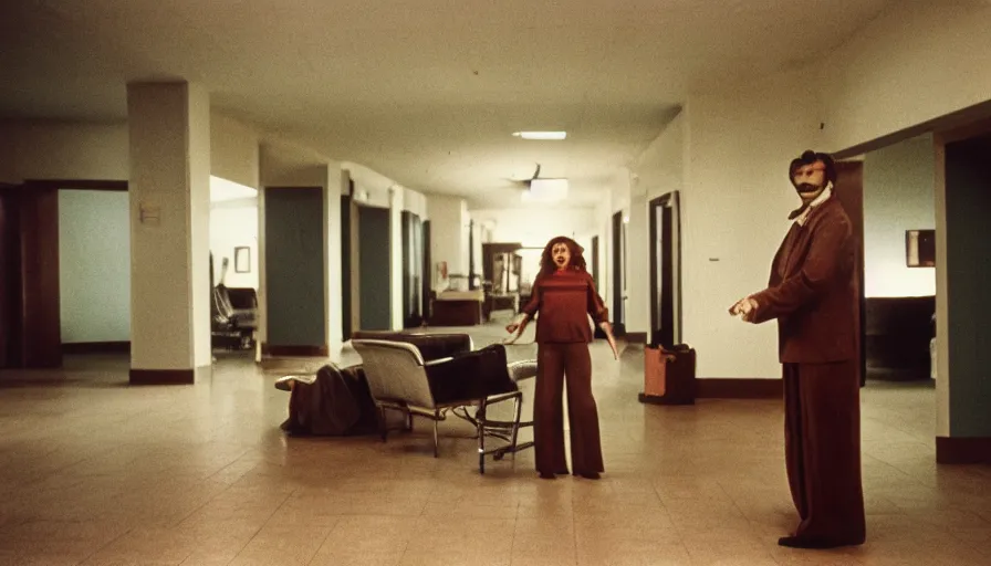 Image similar to 7 0 s film still from a horror movie about a person sitting in the lobby of a mental hospital, kodachrome, cinecolor, cinestill, film grain, film texture, retro, cinematic, high resolution, photorealism,