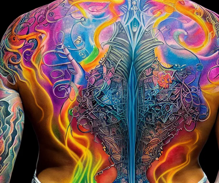 Prompt: closeup photograph of an incredible color upper back tattoo in style of Alex grey peter mohrbacher intricate, female model with attractive body, award-winning by rapha lopes, and baris yesilbas, photo taken with dramatic studio lighting by brian ingram