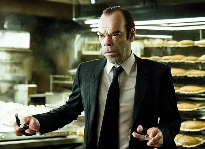 Prompt: film still of hugo weaving as agent smith working in a bakery in the new matrix movie, 4 k