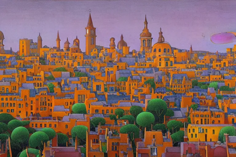 Image similar to view of the old city and its tree-lined winding streets still wet after a storm, tall windows lit up, beautiful ornamental architecture, dramatic cinematic lighting, rich colors, by Nicholas Roerich and ford madox brown and April Gornik and Sylvain Sarrailh and Ludwig Deutsch and Diego Rivera, featured on artstation