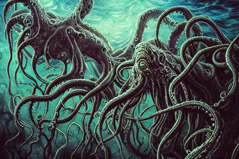 Image similar to old god eldritch horror terrifying the deep abyss of the ocean floor, epic scene, underwater photography, hyper - detailed, gigantic cthulhu, swarm of tentacles, dark art, watercolor paint, epic composition