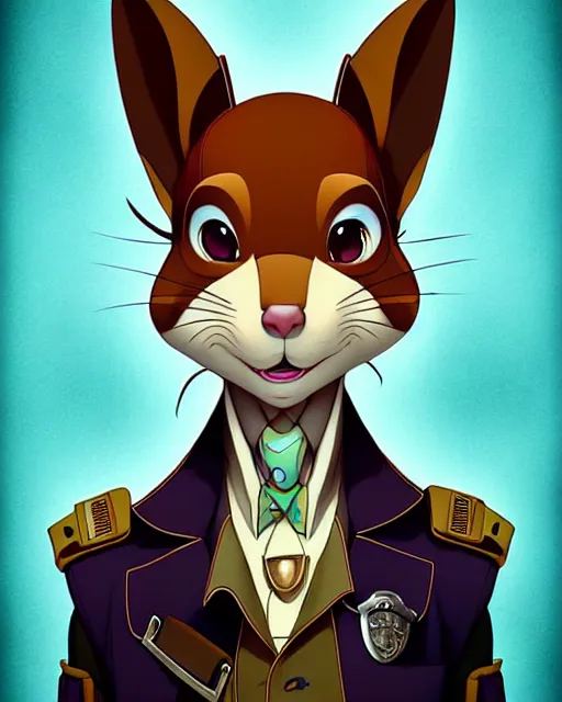 Image similar to don bluth, loish, artgerm, joshua middleton, steampunk, clockpunk anthropomorphic squirrel, full policeman outfit, smiling, symmetrical eyes symmetrical face, colorful animation forest background