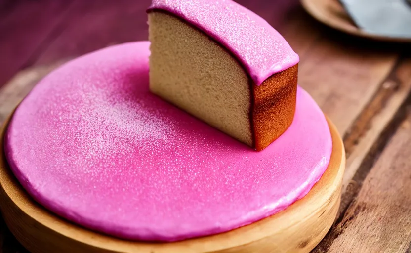 Image similar to A photo of a swedish cake from the side on a wooden table, covered with pink marzipan, some powder sugar and a marzipan leaf. Sunset. 4K. Cinematic lighting. High detail. Realistic. Delicious.