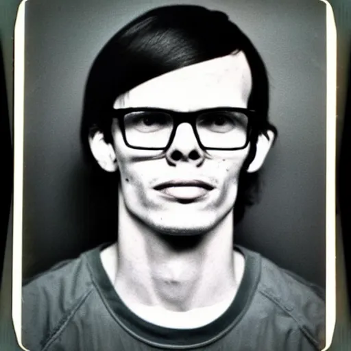 Image similar to Mugshot Portrait of iDubbbz taken in the 1970s, photo taken on a 1970s polaroid camera, grainy, real life, hyperrealistic, ultra realistic, realistic, highly detailed, epic, HD quality, 8k resolution, body and headshot, film still, front facing, front view, headshot and bodyshot, detailed face, very detailed face